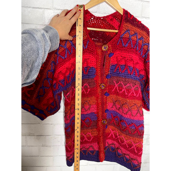 VINTAGE 60s XS Mod HAND KNIT Sweater Mini Dress $380 WOOL Puff Sleeves Red Blue - Picture 13 of 15